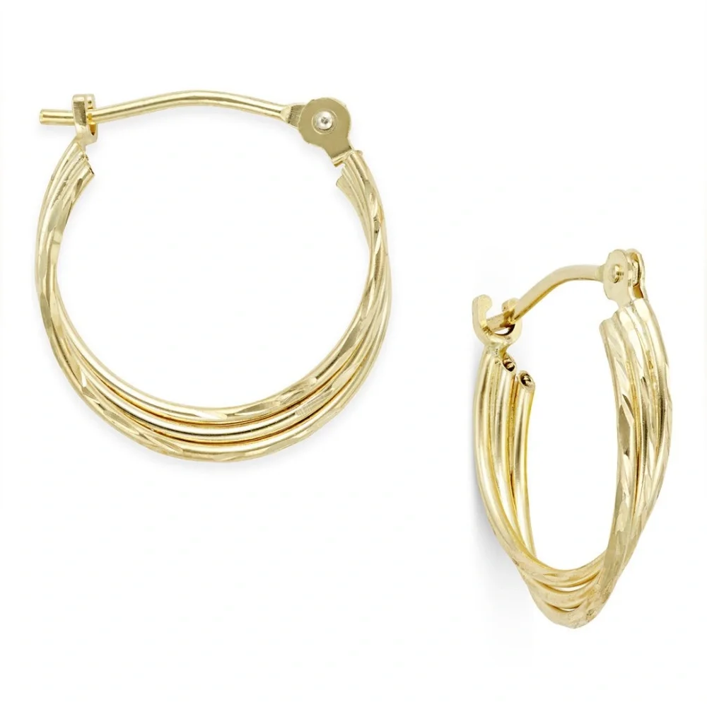10k Gold 3 Row Nested Ultra Delicate Shimmer Hoop Earrings - Picture 1 of 1